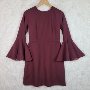 Sister Jane Burgundy Bell Sleeve Mini Dress with Paisley Lining Maroon Pockets